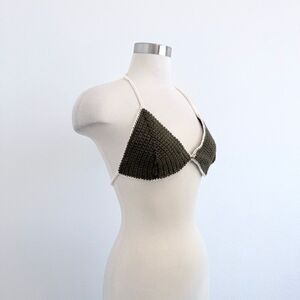Handmade Green White Bikini Crochet Halter Top Crop Small Knit Boho